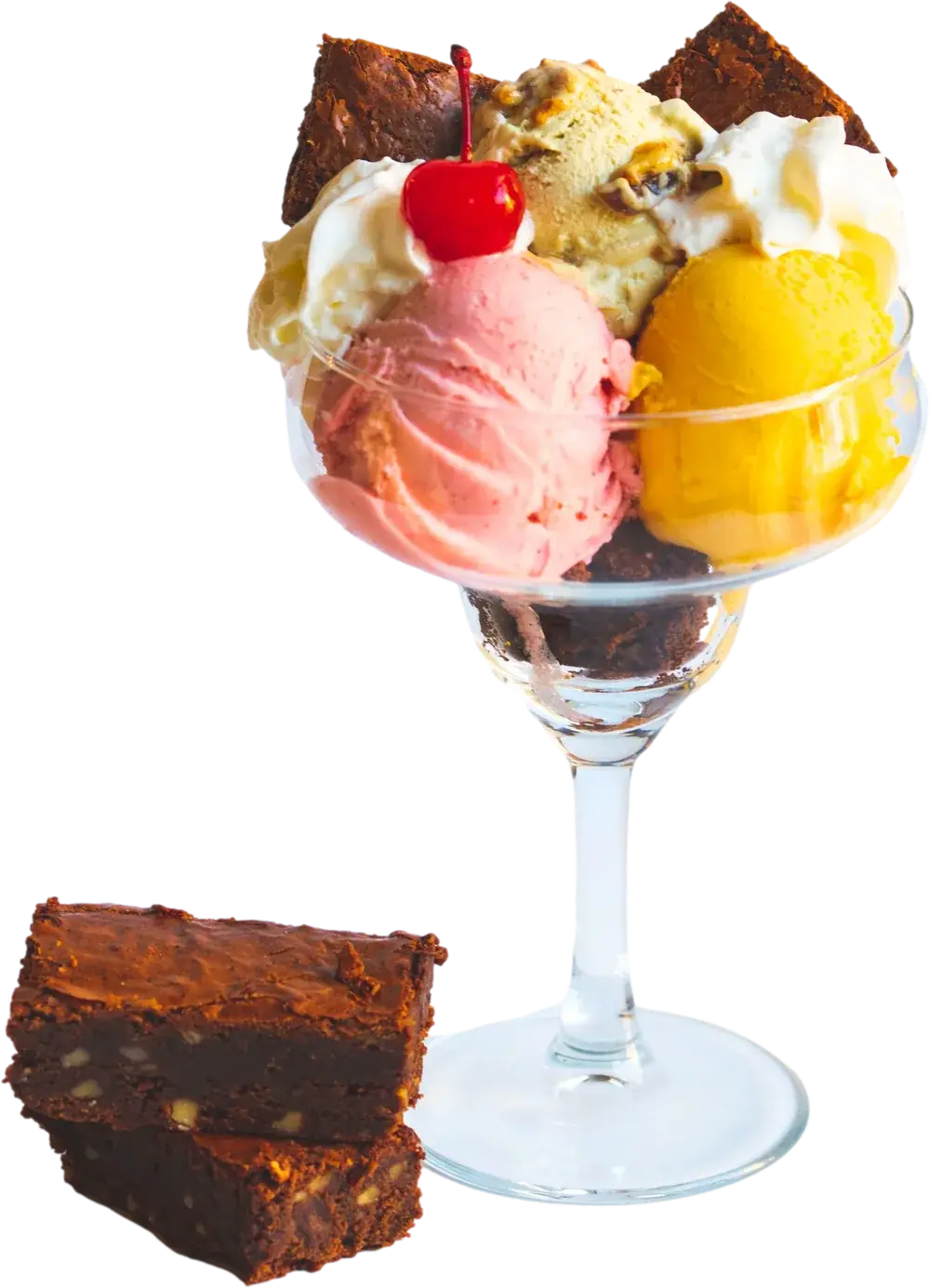 Cupă cu înghețată artizanală Toni Gelato, căpșuni și brownie de ciocolată